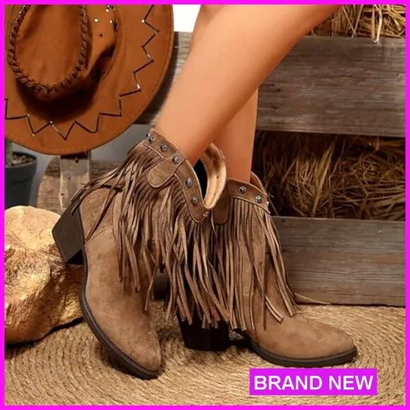 Suede Fringe Western Ankle Boots Retro Studded Pointed Toe Pull-on Chunky Heel - Picture 6 of 7